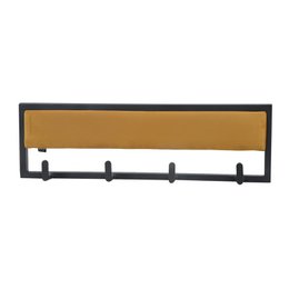 Wall-mounted coat rack, ocher yellow velvet back panel, black metal frame, four hooks, modern minimalist style.