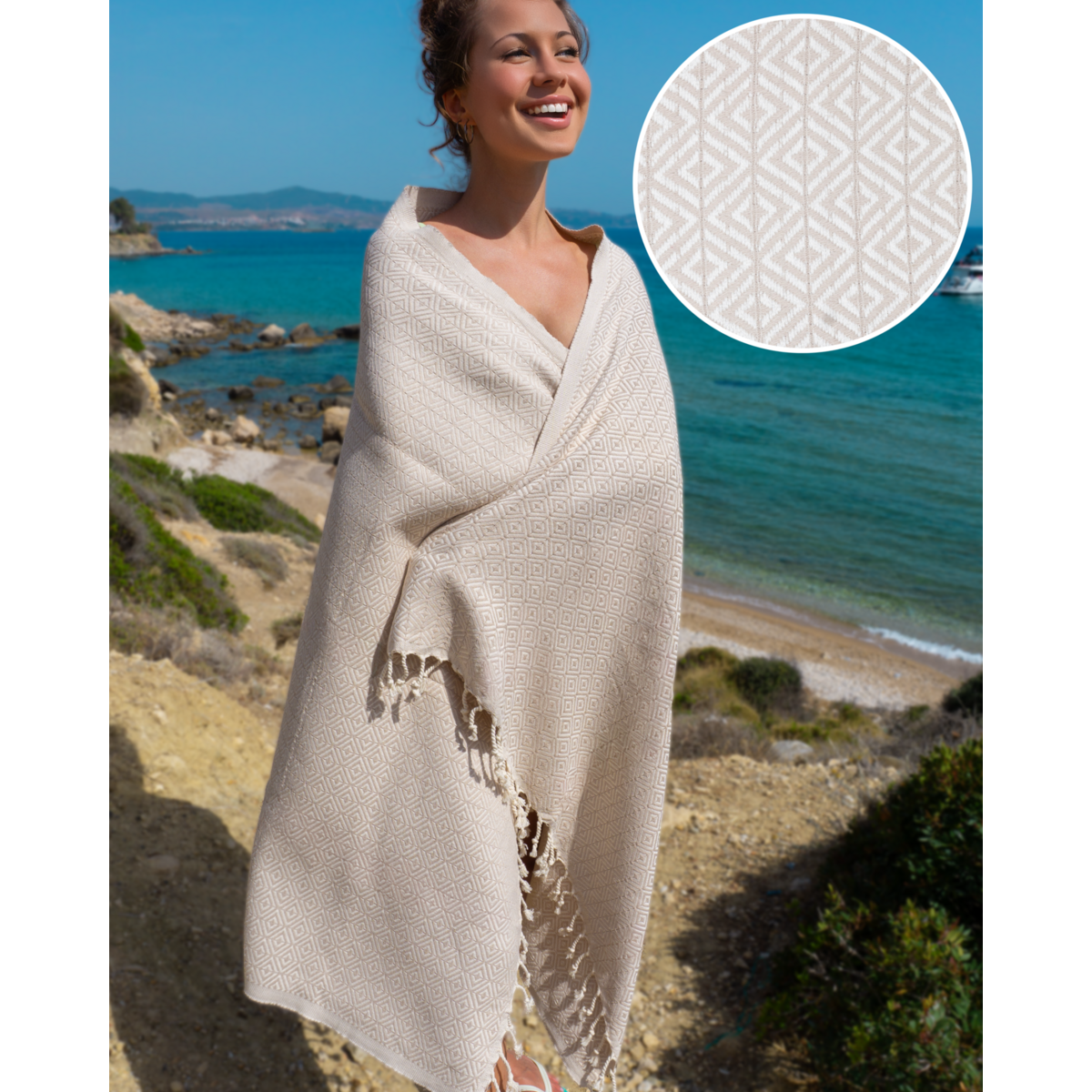 ELA Katoenen Hammam Strandlaken – Sneldrogend & Lichtgewicht – Beige - 180x100 cm