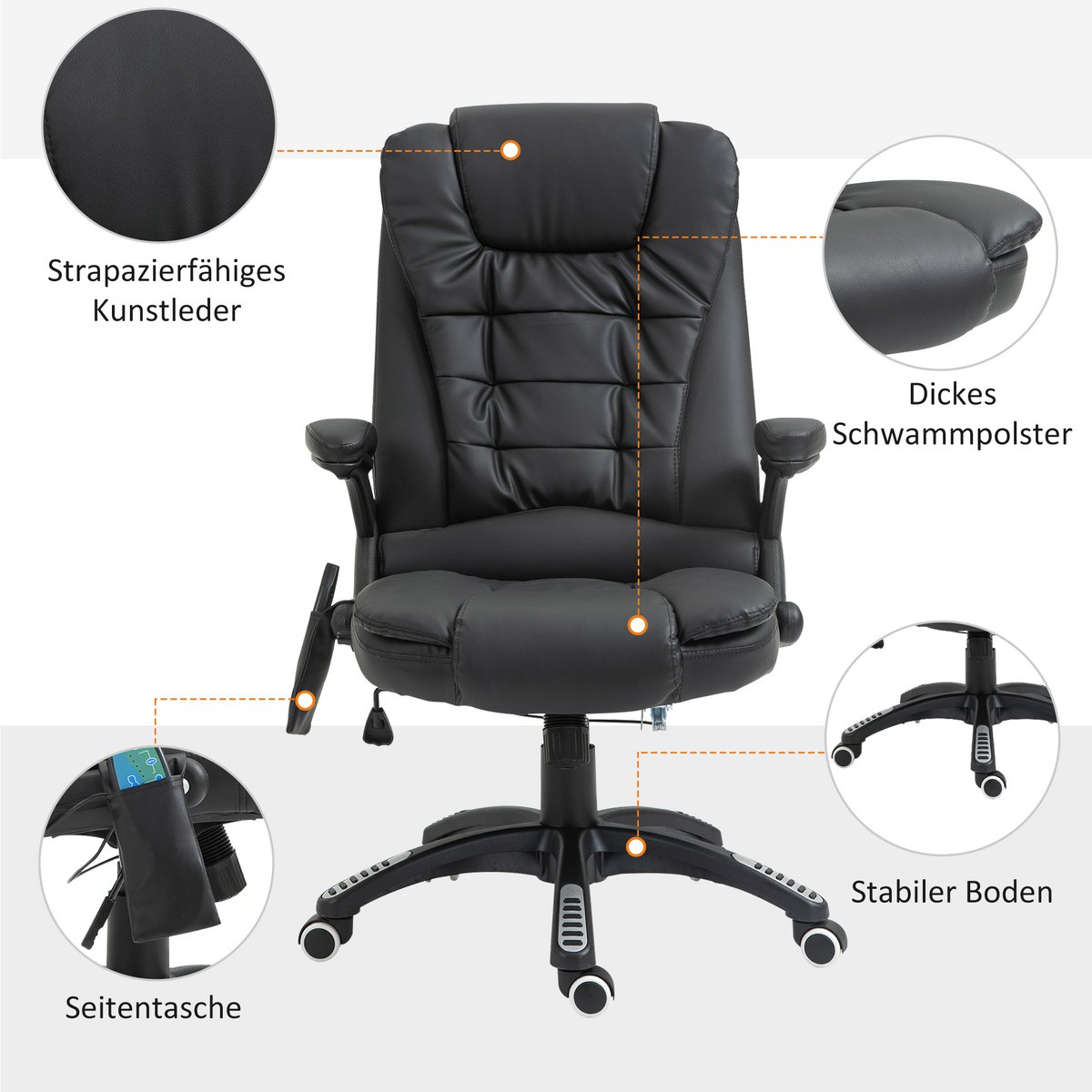 Silla de oficina con función de masaje, función de calor, altura regulable, función de inclinación, silla de oficina de masaje, blanco crema + negro