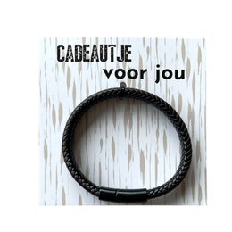 Woven bracelet with a braided black cord design, suitable as a gift.
