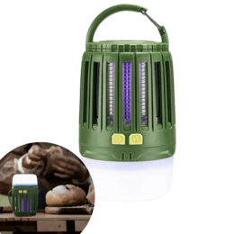 Green mosquito repellent lamp, portable camping light, UV insect killer, hanging lantern design.