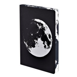  A black notebook with a large, detailed image of the moon printed on the cover. The notebook is described as an A5+ size, dotted journal with 256 numbered pages and 120g premium paper. It is sustainably produced in Germany.