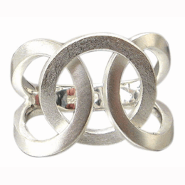 Silver ring with a unique interlocking design. Crafted from high-quality silver, this ring features a modern and minimalist style that is perfect for everyday wear or special occasions. The interlocking loops create a visually striking and eye-catching look.