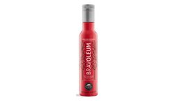 Red bottle, premium extra virgin olive oil, organic, Picual variety, metallic silver cap, cylindrical shape.