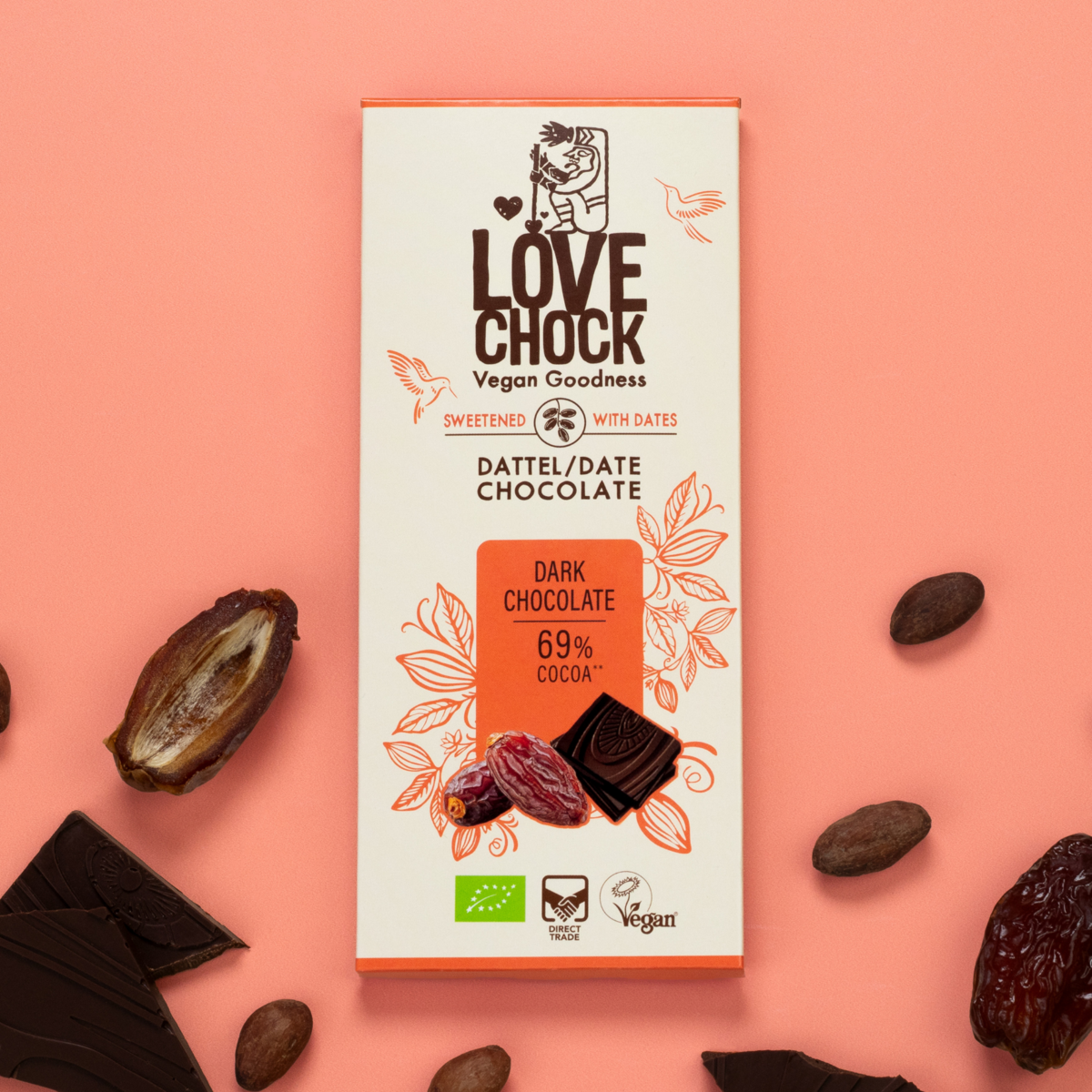 Chocolat pur sucré avec des dates à 69% de cacao - bio, végétalien, durable