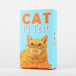 A cat-themed IQ test game with 20 cards included, featuring a curious orange cat wearing glasses on the box cover.