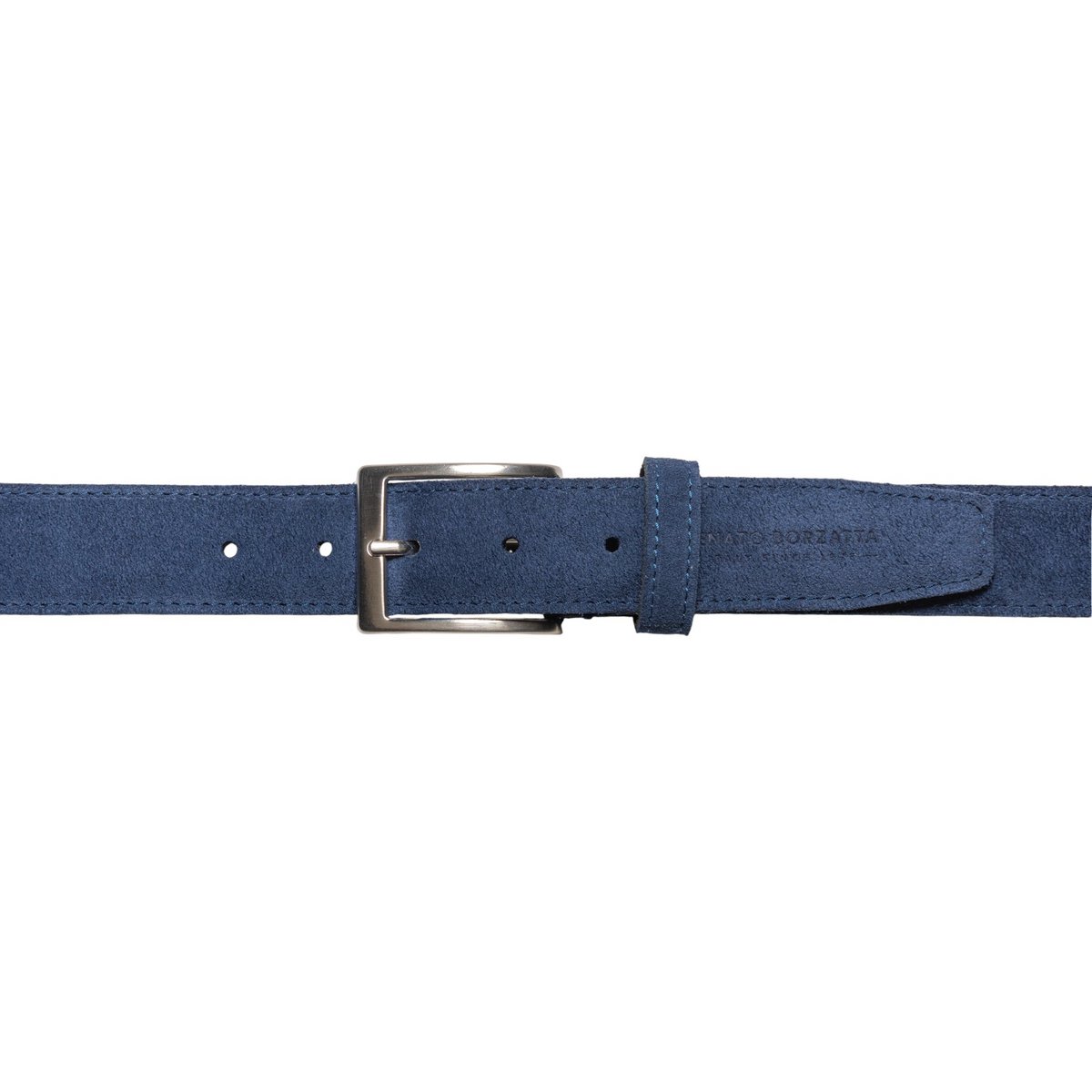 RB4029D | Men's Belt Made in Italy in Genuine Suede Leather. Buckle in satin silver finish. Color: Blue. Dimensions: 125 x 3.5 x 0.5 cm (waistline 110 cm)