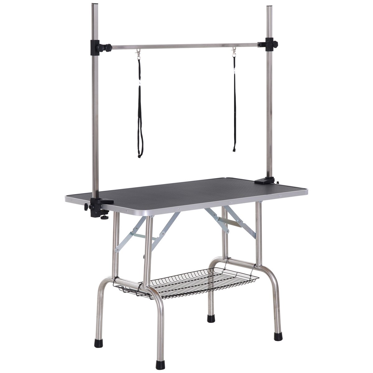  Trimmtisch für Hunde Hundepflegetisch klappbar, Haustierpflegetisch mit höhenverstellbarem Galgen, Schlingen, rutschfest Oberfläche, Schertisch bis 150 kg, 91,5 x 61,5 x 76 cm, Schwarz