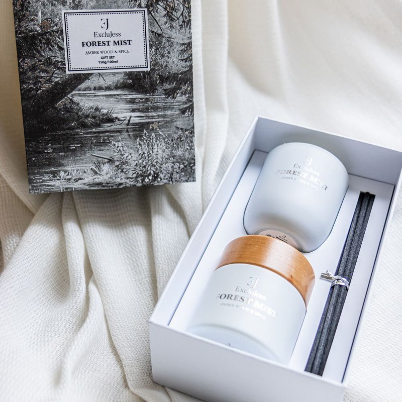 Forest Mist Geschenkset Duftstäbchen & Kerze - Amber Wood & Spice