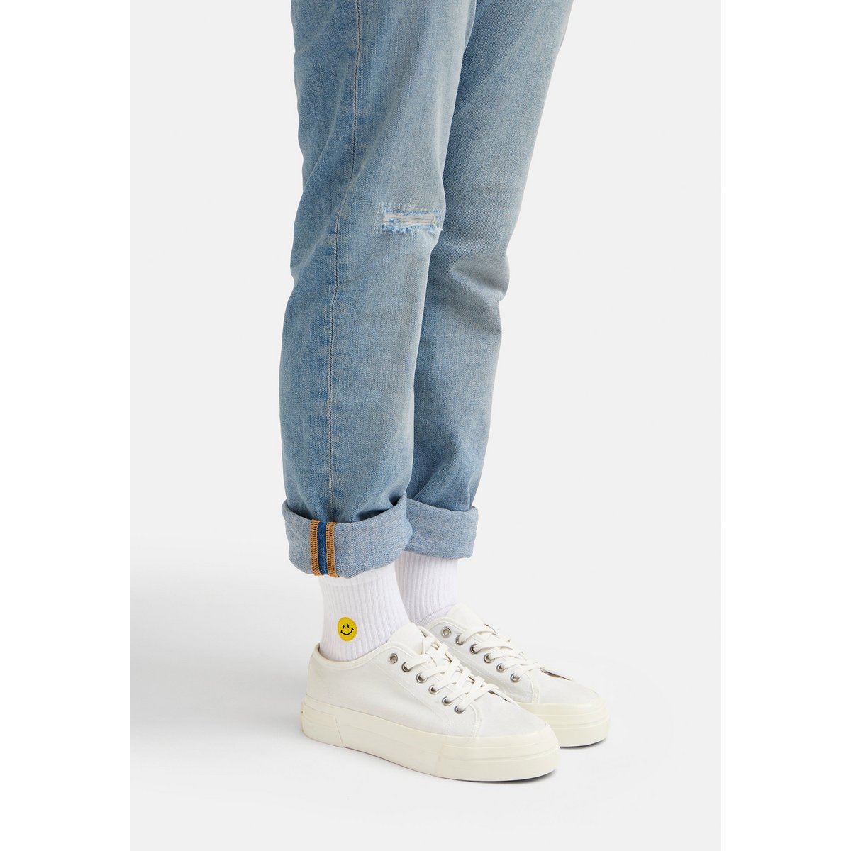 Bio Quarter Socken Smiley - Kurze weiße Socken mit gesticktem Smiley