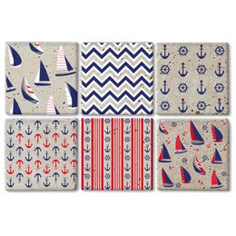  Set of 6 stone coasters with nautical-inspired patterns including sailboats, chevrons, and anchors. Durable and absorbent stone material. Suitable for use as trivets or drink coasters.