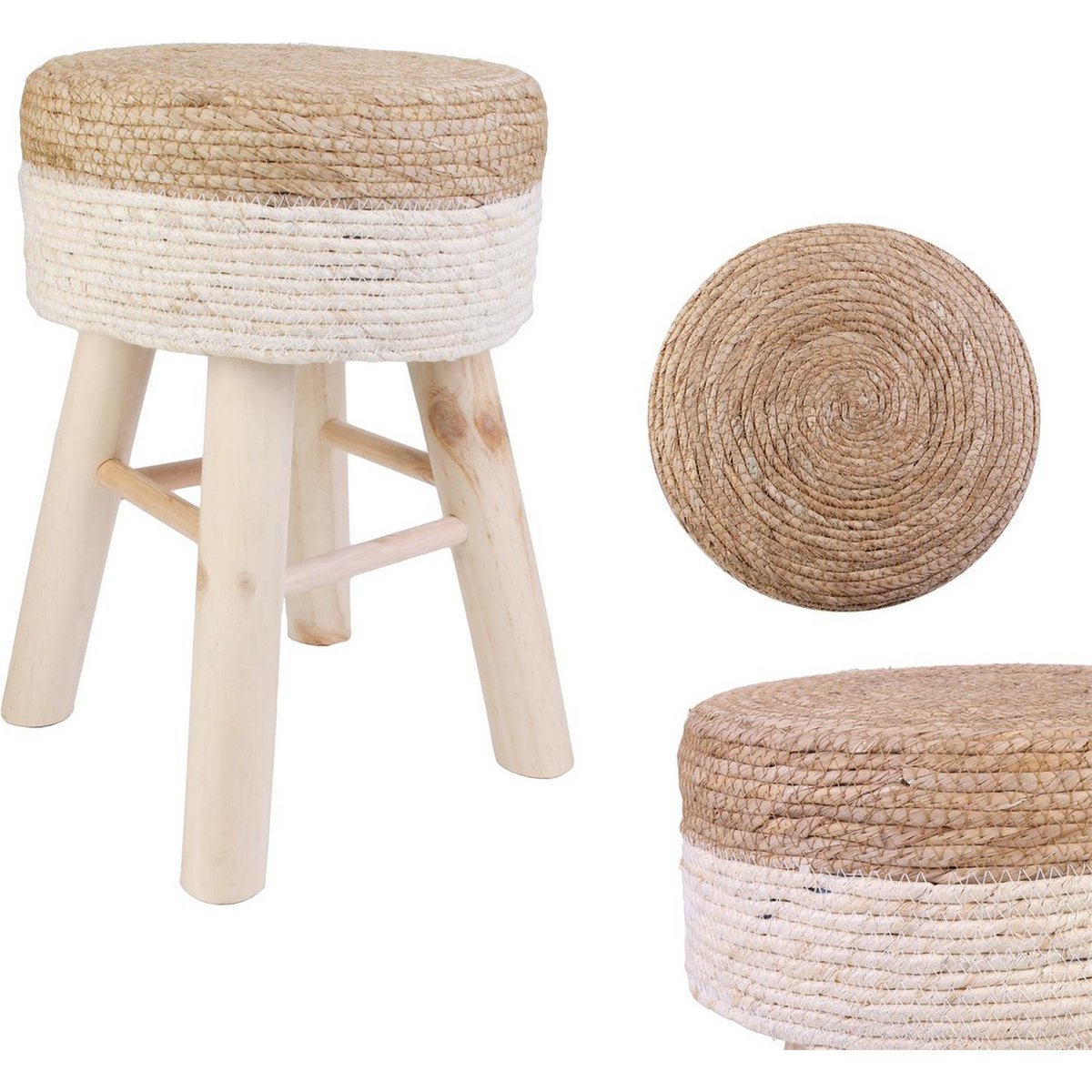 Sgabello di juta rotondo - Ø 30 x 42 cm - sgabello in legno - sgabello bohémien con gambe in legno - multifunzionale per soggiorno, camera da letto e sala - sgabello durevole - marrone/bianco
