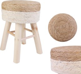 Round jute stool - Ø 30 x 42 cm - Wooden stool - bohemian stool with wooden legs - Multifunctional for living room, bedroom & hall - Durable stool - Brown/White