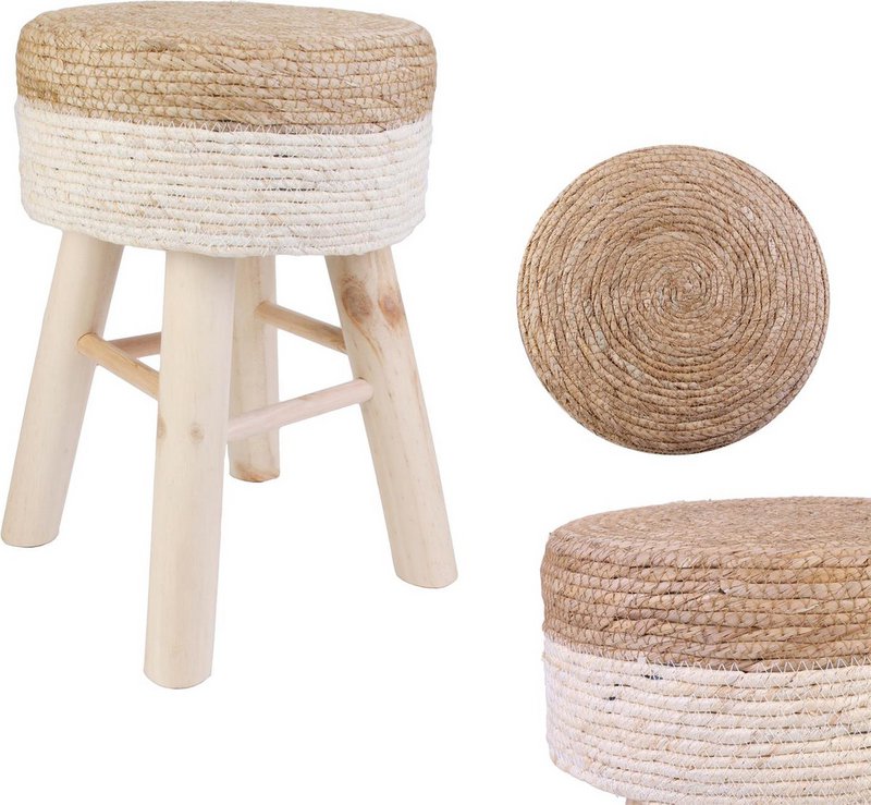 Round jute stool - Ø 30 x 42 cm - Wooden stool - bohemian stool with wooden legs - Multifunctional for living room, bedroom & hall - Durable stool - Brown/White