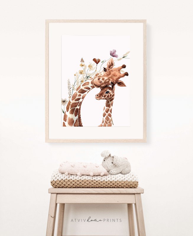 Giraffen-Kinderzimmer-Poster, Giraffen-Poster, Blumen-Kinderzimmer-Druck, Mutter und Baby-Giraffen-Poster, Kinderzimmer-Giraffen-Druck, Wildblumen-Druck, Mädchen-Kinderzimmer-Poster, Mädchenzimmer-Dekoration