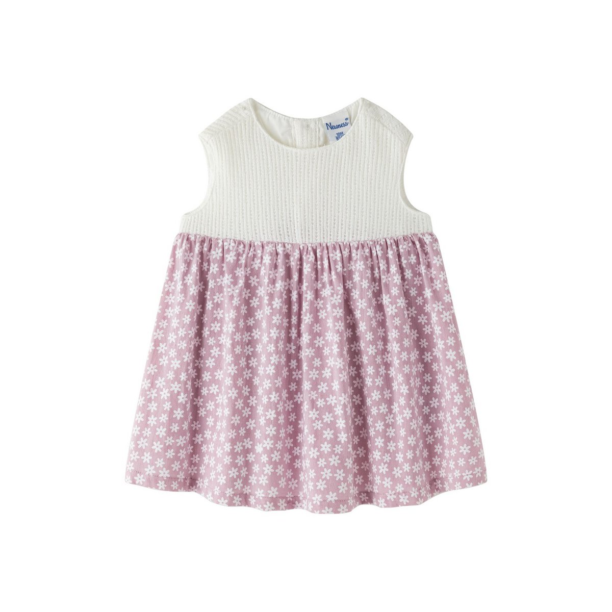 Vestido bebé con canesú de punto y estampado malva BGV96541