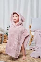 Soft, cozy poncho towel for kids aged 5-10 years, available in 5 colors including pearl grey, granite, sand, snow, and dusty rose.