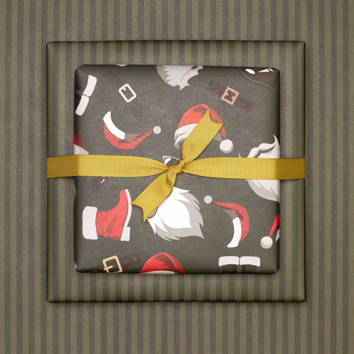 Grünes Weihnachts- Geschenkpapier mit Nikolaus Outfit und grünen Streifen, edles Geschenkpapier Weihnachtsmann , Weihnachts- Geschenkpapier Männer