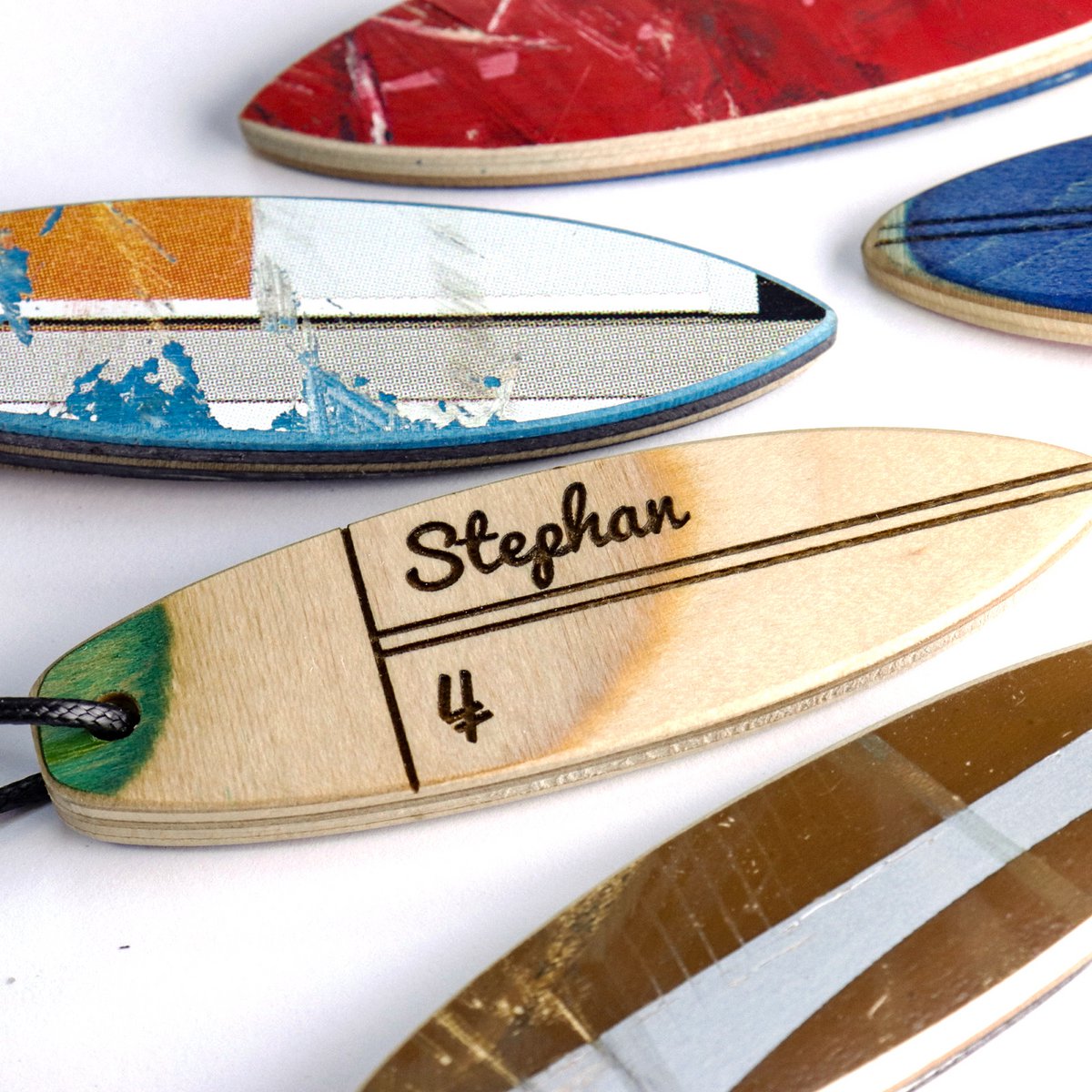 Wood keychain, Personalized surfboard key Ring, Made from Recycled Skateboard wood