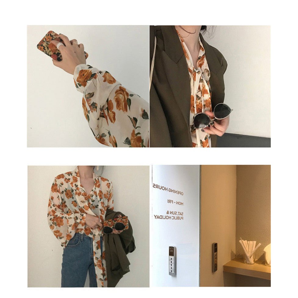 Dames Retro Bloemen Chique Chiffon Lente Herfst Mode Vetersluiting Ontwerp Zachte Vrouwelijke Shirts Top Ins