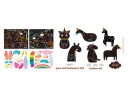 Colorful unicorn-themed scratch art set with 6 pieces, suitable for ages 5 and up. Includes a variety of shapes, patterns, and textures to scratch and reveal vibrant designs.