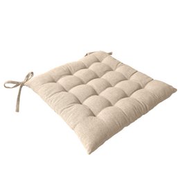 Quilted square chair cushion, mottled beige gray fabric, padded seat cushion with ties, neutral tones.