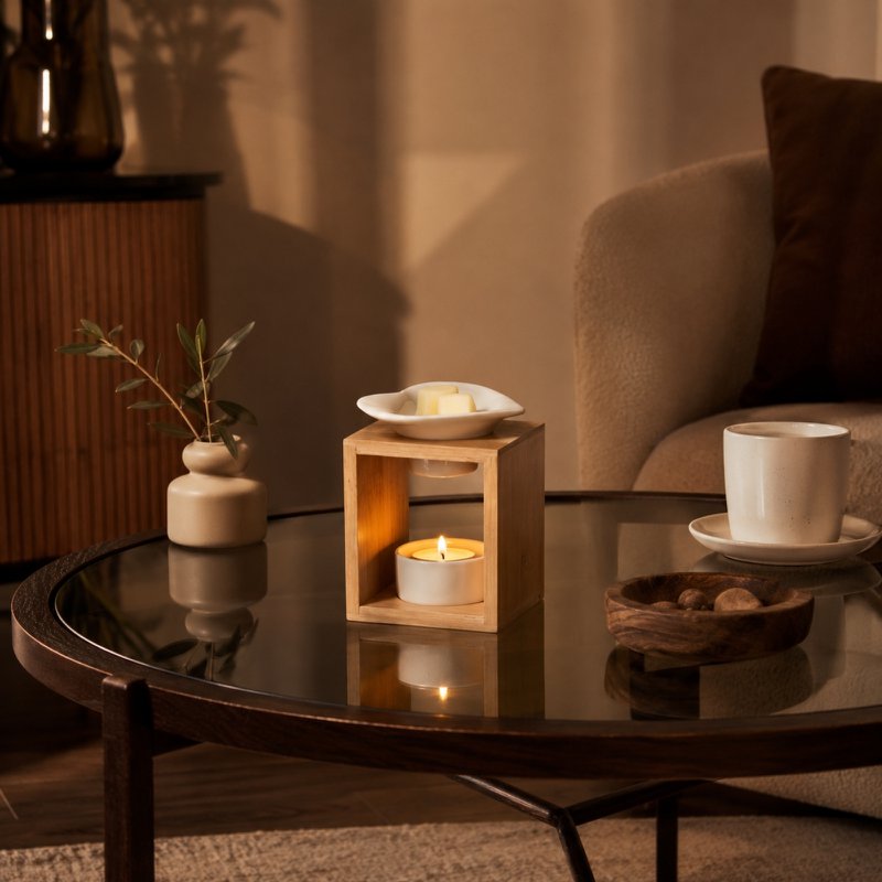 Brûleur Fondant Série Naturea Arum – Design Moderne et Epuré en Céramique et Bambou – Bougeoir Aromathérapie Diffuseur d'Arôme