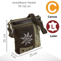 Domelo traditionele tas. Dames schoudertas. Dirndl schoudertas gemaakt van canvas (canvas) & leer. Handtas in traditionele stijl met Edelweiss-print. Crossbody tas voor dames als Oktoberfest accessoires.