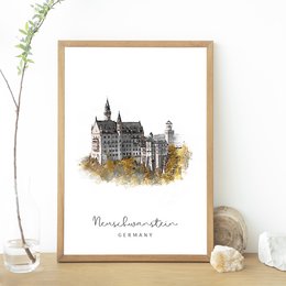 Minimalist wall art print of the Neuschwanstein Castle in Germany. Features a sketch-like illustration of the iconic castle with a watercolor background.