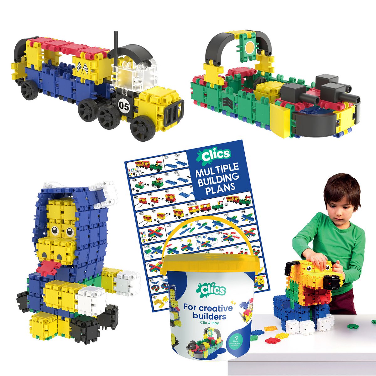 Clics building blocks– DURABLE TOYS made of RECYCLED PLASTIC (Made in Belgium)- building set 10 in 1