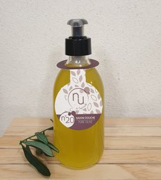 Pure olive shower soap in 250mL and 500mL sizes, with olive leaves visible in the image.