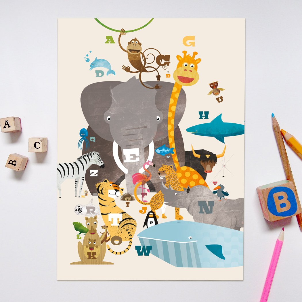 Cuadro A4 ABC con animales para la habitación de los niños.