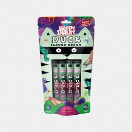 Duck flavored cat treat cream, four pack tubes, colorful packaging design.