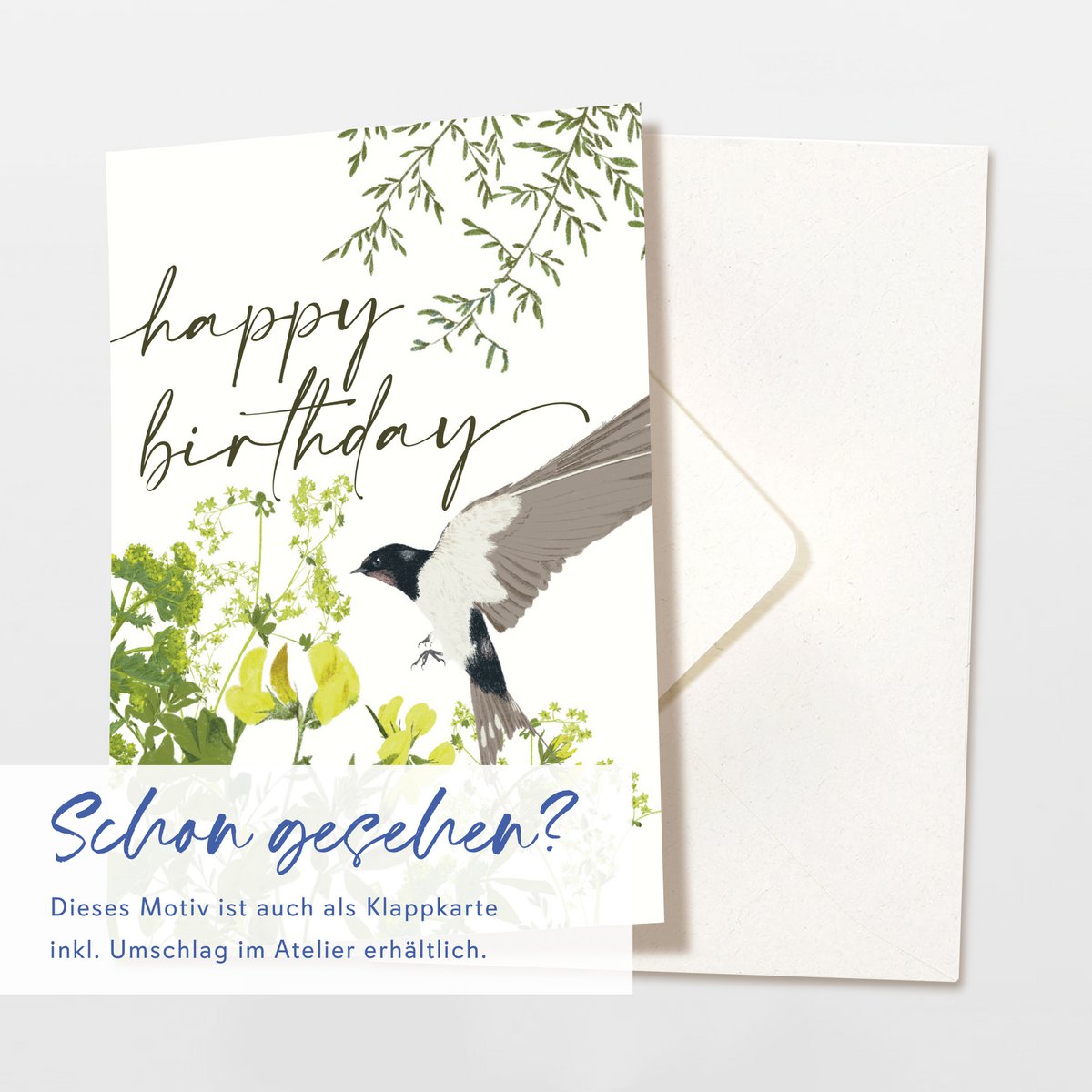 Postcard 'happy birthday' with swallow and wildflowers