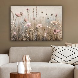 Lærredsmaleri - vægdekoration - blomster - lyserød - moderne - beige