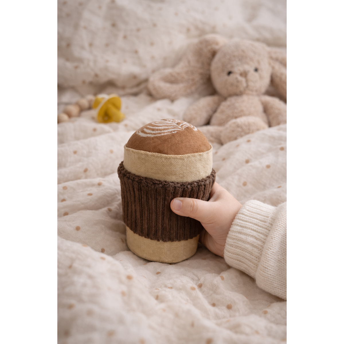 Embroidered Cappuccino Cup Rattle – Handmade Sensory Toy