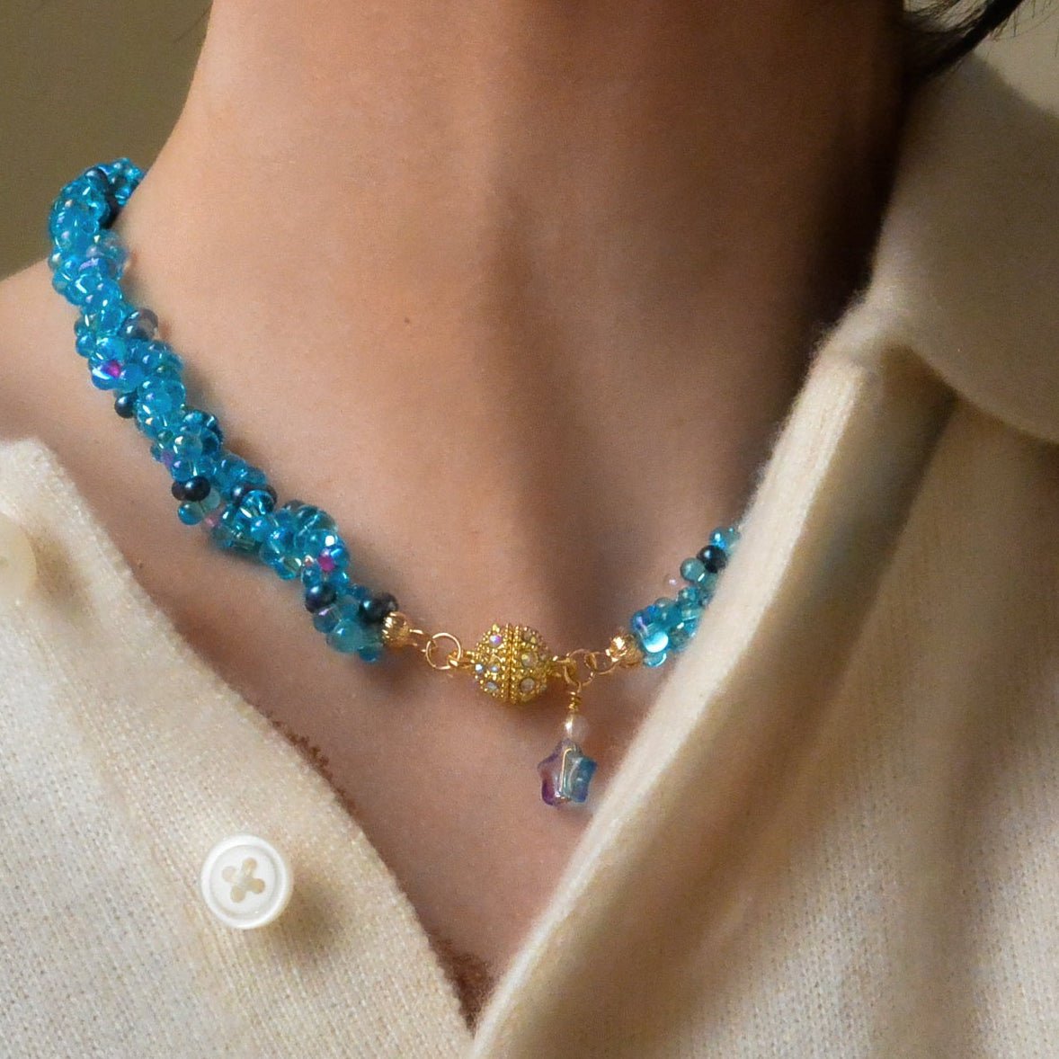 Blue czech crystal beaded necklace with gold plated frontal clasp 