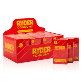 Red and yellow condom box with "Ryder Condoms" text. Contains 24 condoms in 3 pieces.