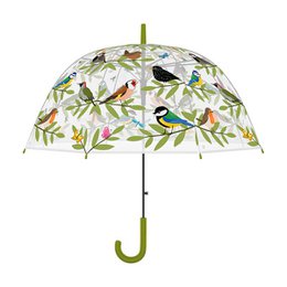  Transparent umbrella with a nature-inspired design featuring birds and foliage. The umbrella has a green handle and frame, providing a stylish and functional accessory for rainy days.