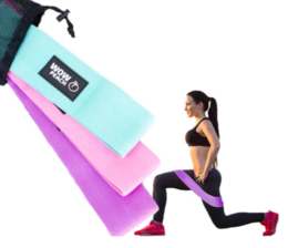 Resistance bands set in pink and purple colors, designed for fitness and exercise. Includes various resistance levels for a full-body workout.
