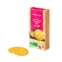 Organic and vegan vanilla shortbread cookies in a cardboard box, 37g. Shortbread cookies with a light golden color and a delicate vanilla flavor.