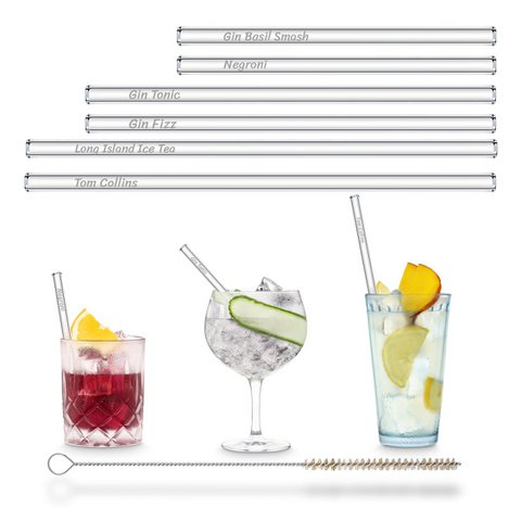 Gin Cocktail Namen Glasstrohhalme graviert Gemischtes Set 3 Längen 6 Stück
