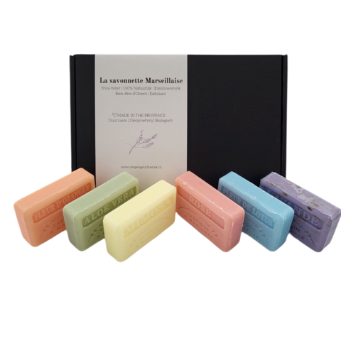 Seifenstück-Geschenkset: Rose, Orangenblüte, Fleur de Lotus, Lavendelpeeling, Mimose, Aloe Vera