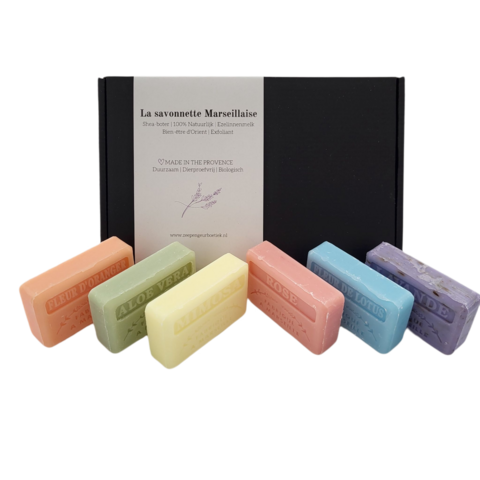 Seifenstück-Geschenkset: Rose, Orangenblüte, Fleur de Lotus, Lavendelpeeling, Mimose, Aloe Vera