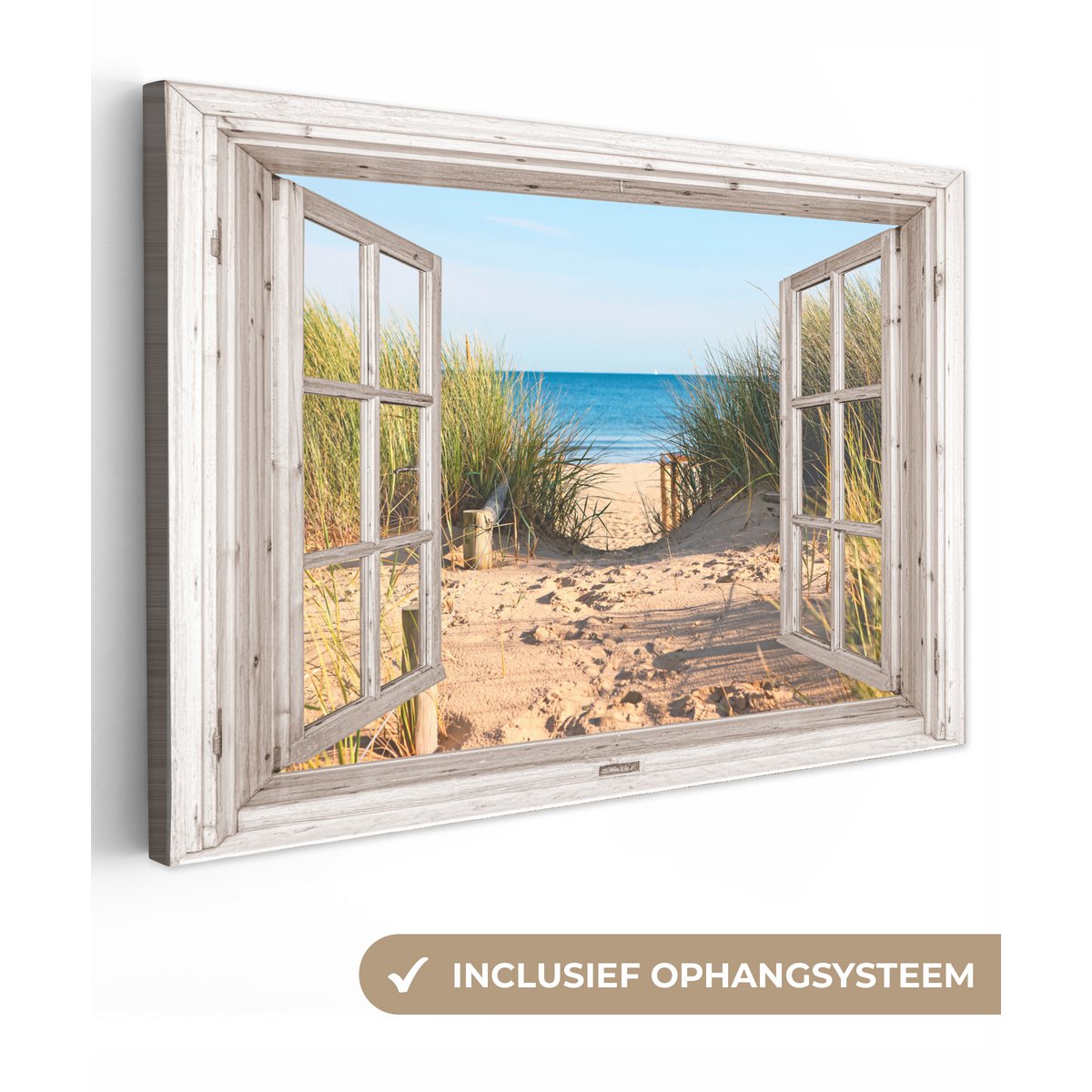 Canvas schilderij  - Wanddecoratie - Doorkijk - Strand - Zee - Duinen - Zand - Water - Helmgras