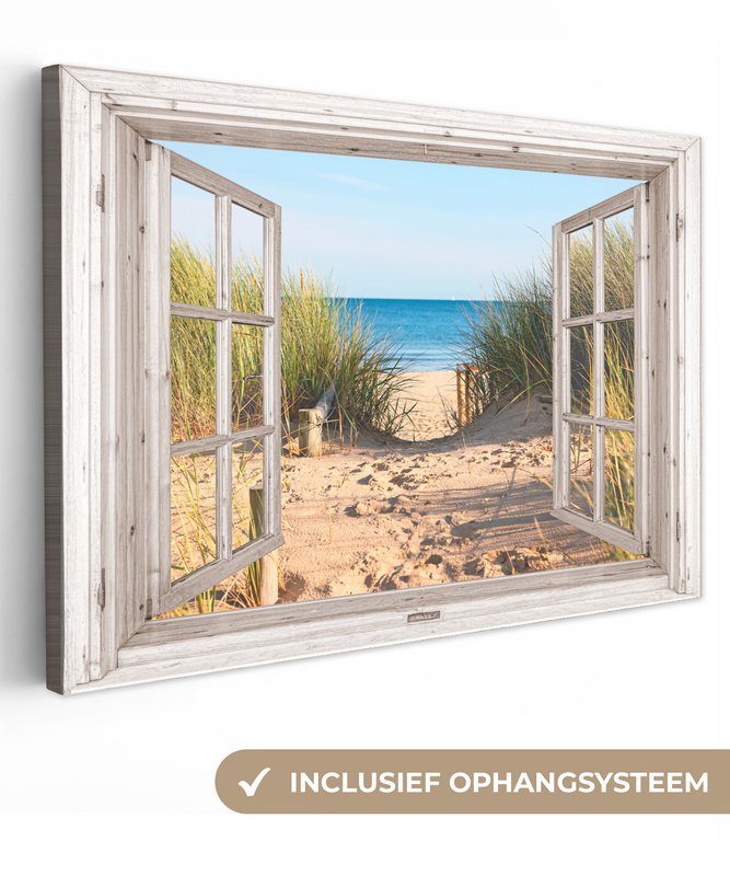Canvas Maleri - Wall Decoration - View - Beach - Sea - Dunes - Sand - Water - Helmgras