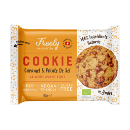 Caramel and sea salt flavored cookie, made with natural ingredients, vegan and gluten-free.