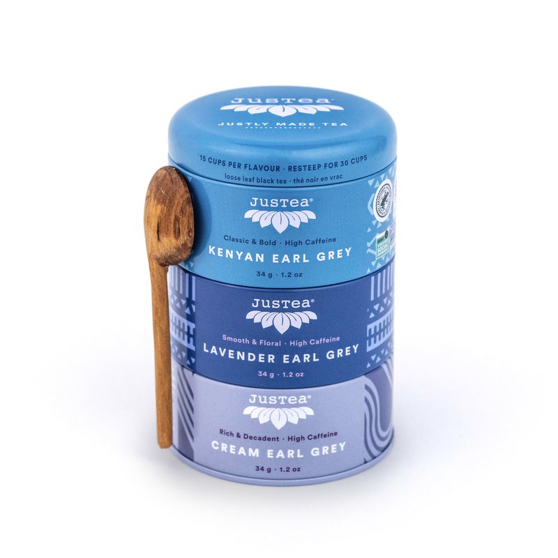 Justea | Trio de thé Earl Grey | Stapelbare Blikjes | Kenyan Earl Gray | Lavande Earl Gray | Crème Earl Grey