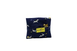 Dark blue cushion with white dog print, available in small, medium, and large sizes.