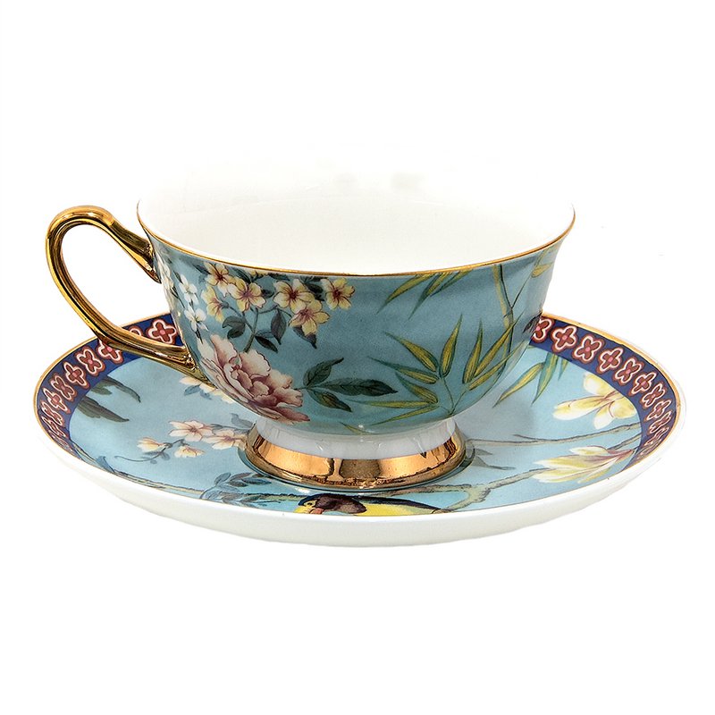 Kop og tallerken 200 ml blåt guld -farvet porcelænsfugle service